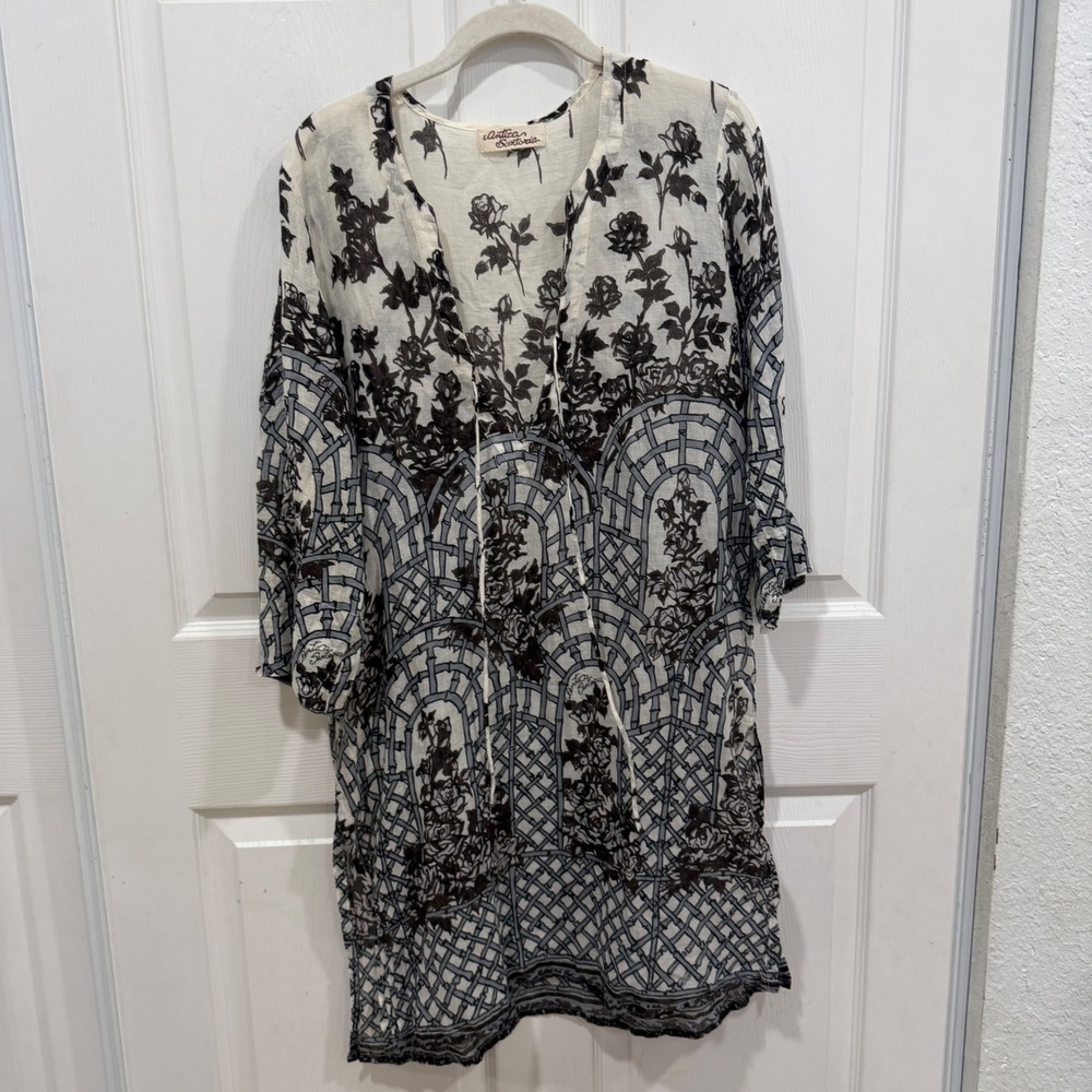 Antica Sartoria Positano Cotton Floral Trellis Tunic Dress Cream Black Grey